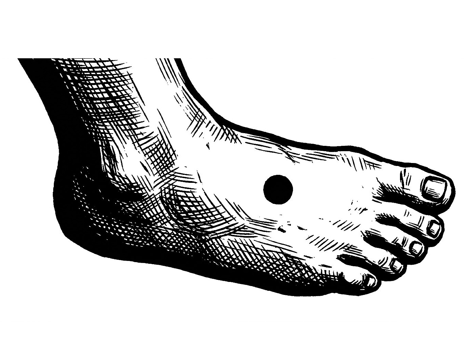 Disegno di un piede con un punto nero che indica dove controllare la sensibilità