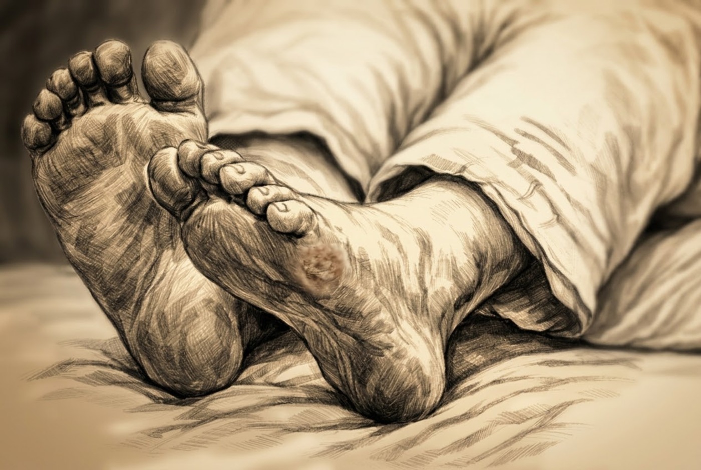 Disegno in seppia con due piedi sul letto e una ferita sulla pianta del piede